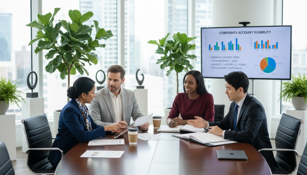 A photorealistic scene depicting a professional business environment focused on corporate bank account eligibility. In the foreground, a diverse group of four individuals in smart business attire – a South Asian woman, a Caucasian man, a Black woman, and an East Asian man – are gathered around a sleek conference table, reviewing documents related to bank accounts. The middle ground features a large window with soft, diffused daylight streaming in, illuminating a modern office filled with potted plants and tasteful decor. In the background, a digital screen displays data charts and eligibility criteria for bank accounts. The overall mood is focused and collaborative, emphasizing professionalism and clarity in the corporate finance world. Use a wide-angle lens effect to capture the entire scene, ensuring sharp details with vibrant colors.