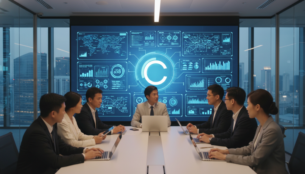 A photorealistic scene depicting an office environment focused on security data for corporate compliance. In the foreground, a diverse group of professionals dressed in business attire, including males and females of various ethnic backgrounds, are engaged in discussion around a sleek conference table with digital devices like tablets and laptops showcasing security graphs and compliance dashboards. The middle ground features a large digital screen displaying complex security metrics and real-time data visualizations. In the background, glass windows reveal a cityscape of Singapore, adding depth to the corporate setting. Soft, ambient lighting highlights the modern workspace, creating a professional yet inviting atmosphere, emphasizing collaboration and innovation in security and governance.
