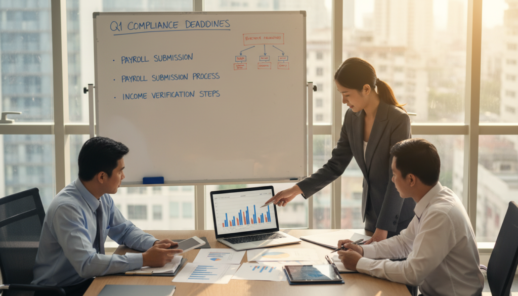 A photorealistic scene showcasing a professional office environment focused on employment income reporting. In the foreground, a diverse group of three business professionals, including a woman in a tailored suit and two men in dress shirts, are engaged in a discussion around a sleek conference table covered with financial documents, graphs, and a laptop displaying digital spreadsheets. In the middle ground, a large whiteboard outlines key compliance timelines and payroll reporting procedures with colorful markers. The background features glass windows allowing natural light to flood in, creating a bright and inviting atmosphere. The overall mood is one of collaboration and diligence, emphasizing the importance of accurate reporting and compliance. The angle is slightly elevated, capturing all elements of the scene effectively. A photorealistic scene showcasing a professional office environment focused on employment income reporting. In the foreground, a diverse group of three business professionals, including a woman in a tailored suit and two men in dress shirts, are engaged in a discussion around a sleek conference table covered with financial documents, graphs, and a laptop displaying digital spreadsheets. In the middle ground, a large whiteboard outlines key compliance timelines and payroll reporting procedures with colorful markers. The background features glass windows allowing natural light to flood in, creating a bright and inviting atmosphere. The overall mood is one of collaboration and diligence, emphasizing the importance of accurate reporting and compliance. The angle is slightly elevated, capturing all elements of the scene effectively.