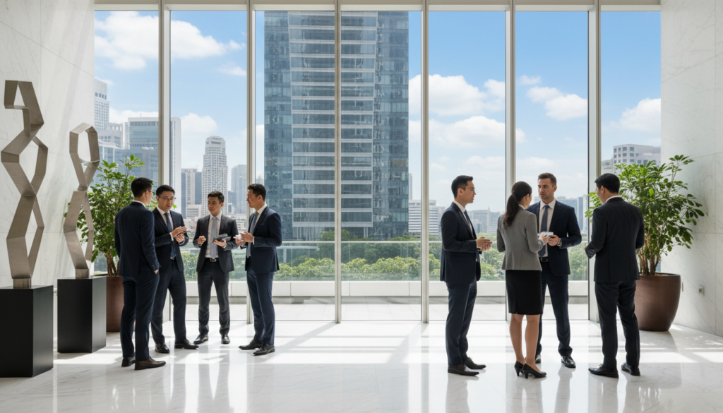 A prestigious business address in Singapore, showcasing a sleek modern skyscraper that reflects the vibrant city skyline. In the foreground, a polished lobby filled with light, featuring elegant marble floors and contemporary art installations. Vibrant greenery accents the area, offering a fresh contrast. In the middle ground, professional individuals in formal business attire engage in conversation, representing a diverse and dynamic workforce. The background highlights the iconic architecture of Singapore, with a clear blue sky and soft clouds. The scene is bathed in natural sunlight, enhancing the photorealistic quality, with a slight depth of field to focus on the bustling business environment. The mood exudes professionalism, success, and sophistication. A prestigious business address in Singapore, showcasing a sleek modern skyscraper that reflects the vibrant city skyline. In the foreground, a polished lobby filled with light, featuring elegant marble floors and contemporary art installations. Vibrant greenery accents the area, offering a fresh contrast. In the middle ground, professional individuals in formal business attire engage in conversation, representing a diverse and dynamic workforce. The background highlights the iconic architecture of Singapore, with a clear blue sky and soft clouds. The scene is bathed in natural sunlight, enhancing the photorealistic quality, with a slight depth of field to focus on the bustling business environment. The mood exudes professionalism, success, and sophistication.