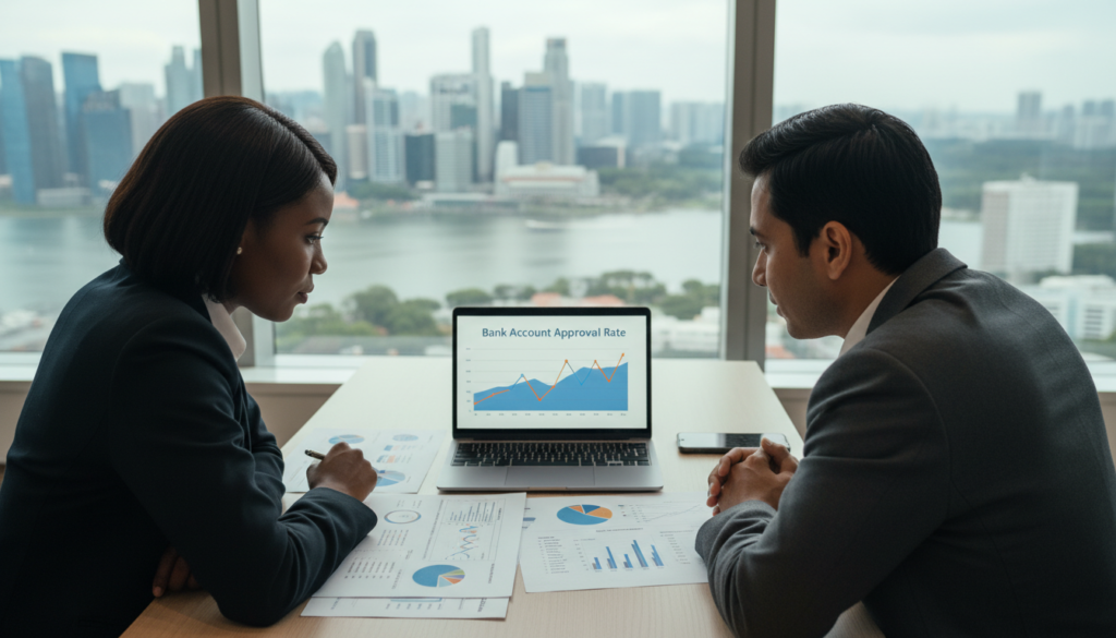 A professional business setting depicting a diverse group of business professionals analyzing data related to bank account approval rates. In the foreground, two individuals in business attire (a Black woman and a South Asian man) lean over a laptop, studying a digital graph showcasing approval rates. The middle ground features charts and documents spread out on a sleek conference table, highlighting statistics and trends. In the background, a large window offers a panoramic view of Singapore's modern skyline under soft natural lighting, creating an atmosphere of focus and collaboration. The image should be captured at a slight angle to emphasize the teamwork and professionalism of the scene, rendered in a photorealistic style.