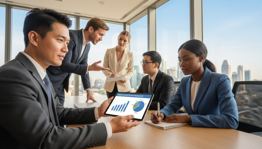 A professional business setting featuring a group of five diverse individuals dressed in formal business attire, discussing the key requirements for becoming a resident director in Singapore. In the foreground, a confident male director, Asian descent, gestures toward a modern digital tablet displaying relevant graphs and charts. In the middle, a female entrepreneur of African descent takes notes on a notepad, while two Caucasian colleagues converse, sharing insights. The background showcases an office with large windows and a view of Singapore’s skyline, featuring iconic buildings. Soft natural lighting floods the room, creating an inspiring and collaborative atmosphere, with a focus on teamwork and professionalism. The camera angle captures the group in a dynamic composition, emphasizing engagement and concentration. Photorealistic quality with rich colors enhances the scene.