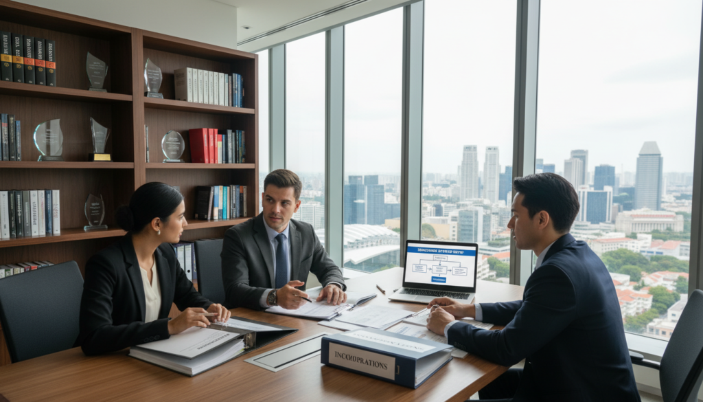 A professional business setting focused on the core incorporation requirements for foreign startups in Singapore. In the foreground, a diverse group of three individuals in smart business attire, discussing over a table with legal documents and a laptop open, emphasizing collaboration and planning. In the middle ground, a modern office environment with large windows allowing natural light to stream in, showcasing a view of Singapore’s skyline. In the background, a sleek bookshelf filled with business literature and industry awards, symbolizing expertise and knowledge. The lighting is bright and inviting, creating a positive and productive atmosphere. The camera angle is slightly elevated, providing a clear view of the group and their surroundings, enhancing the depth and professionalism of the setting. The overall mood is focused and aspirational, capturing the essence of starting a business in a dynamic economy. A professional business setting focused on the core incorporation requirements for foreign startups in Singapore. In the foreground, a diverse group of three individuals in smart business attire, discussing over a table with legal documents and a laptop open, emphasizing collaboration and planning. In the middle ground, a modern office environment with large windows allowing natural light to stream in, showcasing a view of Singapore’s skyline. In the background, a sleek bookshelf filled with business literature and industry awards, symbolizing expertise and knowledge. The lighting is bright and inviting, creating a positive and productive atmosphere. The camera angle is slightly elevated, providing a clear view of the group and their surroundings, enhancing the depth and professionalism of the setting. The overall mood is focused and aspirational, capturing the essence of starting a business in a dynamic economy.