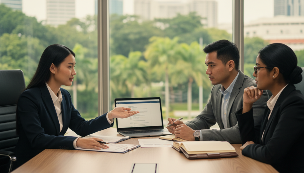 A professional business setting in Singapore, featuring a diverse group of three individuals representing a lawyer and a service provider engaged in a discussion. The foreground showcases them seated at a polished conference table, with documents and a laptop open before them. The middle layer consists of a modern office environment, with large windows allowing natural light to flood the space, highlighting a green cityscape in the background. The atmosphere is focused and collaborative, with thoughtful expressions on their faces, dressed in business attire. Soft, warm lighting creates an inviting environment, and the camera angle is slightly elevated, giving a clear view of the participants’ engagement and professionalism. The overall mood is one of determination and clarity, emphasizing the significance of informed decision-making in company registration.