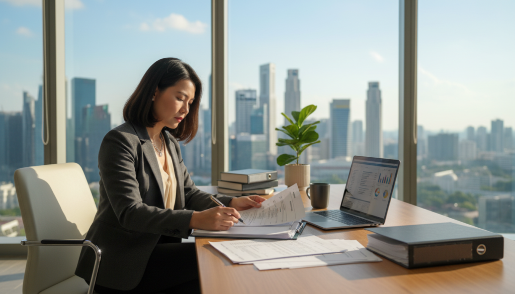 A professional company secretary seated at a modern desk in a sleek, well-lit office environment. In the foreground, the secretary, a Southeast Asian woman in her early 30s, is dressed in formal business attire, focused on organizing documents and reviewing compliance reports. The middle ground features a polished wooden desk cluttered with paperwork, a laptop open displaying spreadsheets, and a potted plant adding a touch of greenery. In the background, large windows allow natural light to flood the room, showcasing a view of Singapore's skyline with iconic skyscrapers. The atmosphere is one of professionalism and diligence, with a soft focus on the secretary, highlighting her role in ensuring statutory compliance for the company. The image is photorealistic, captured at eye level with warm, inviting lighting.