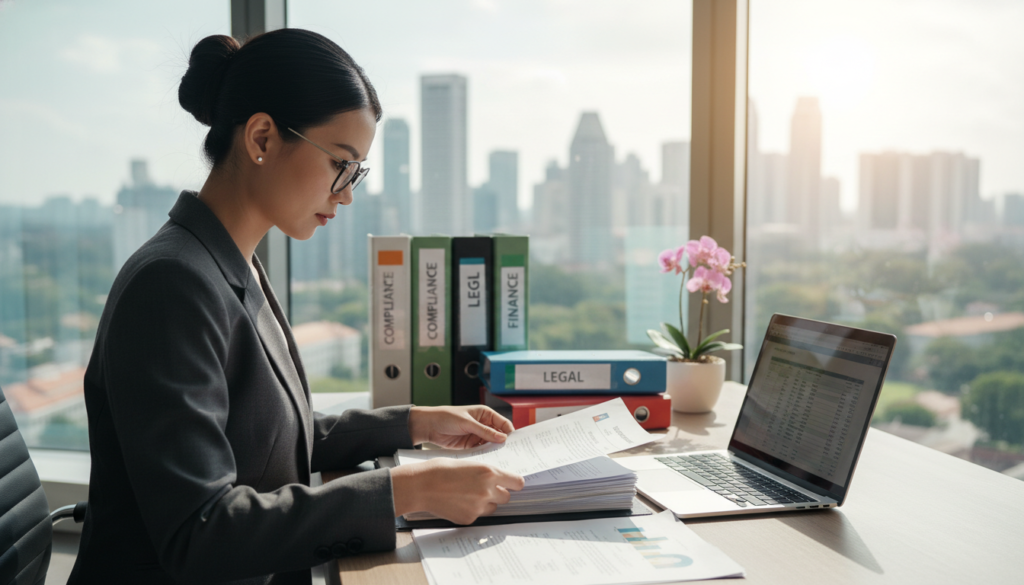 A professional company secretary sits at a sleek, modern office desk in a well-lit, sophisticated environment. The foreground features a focused, attentive woman in business attire, with a neat bun and glasses, organizing documents and a laptop open in front of her. In the middle, there are neatly stacked files and an elegant plant, emphasizing compliance and organization. The background showcases a large window with a view of Singapore's skyline and daylight flooding in, creating a bright and motivational atmosphere. Soft, natural lighting accentuates the secretary's professional demeanor, while a slight depth of field adds emphasis on her diligent work, reflecting the essential nature of post-incorporation compliance for foreign businesses. The overall mood is one of professionalism, diligence, and clarity. A professional company secretary sits at a sleek, modern office desk in a well-lit, sophisticated environment. The foreground features a focused, attentive woman in business attire, with a neat bun and glasses, organizing documents and a laptop open in front of her. In the middle, there are neatly stacked files and an elegant plant, emphasizing compliance and organization. The background showcases a large window with a view of Singapore's skyline and daylight flooding in, creating a bright and motivational atmosphere. Soft, natural lighting accentuates the secretary's professional demeanor, while a slight depth of field adds emphasis on her diligent work, reflecting the essential nature of post-incorporation compliance for foreign businesses. The overall mood is one of professionalism, diligence, and clarity.