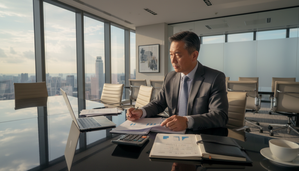 A professional director sitting at a sleek conference table in a contemporary office setting, surrounded by documents and a laptop. The director, a middle-aged Asian man in a smart business suit, is actively reviewing financial reports, exhibiting concentration and expertise. In the foreground, close-up details of a financial calculator and a notepad with budget notes create a sense of focus. The middle ground showcases a modern office with large windows letting in natural light, casting soft shadows and creating an inviting atmosphere. In the background, a cityscape of Singapore can be seen, emphasizing the location's vibrant business environment. The overall mood is professional and dynamic, capturing the essence of effective planning and budgeting for overseas founders in a corporate context.