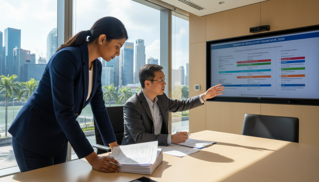 A professional meeting room setting depicting regulators in Singapore, showcasing three individuals of diverse ethnicities. In the foreground, a confident woman of South Asian descent in formal business attire, analyzing documents on a sleek conference table. To her right, a middle-aged Chinese man, also in formal business attire, pointing at a digital compliance timeline displayed on a large screen. In the background, a vibrant window view of Singapore's skyline under bright, natural lighting, adding a sense of clarity and professionalism to the atmosphere. The camera angle captures the room's depth, focusing on the engagement between the participants, creating an atmosphere of collaboration and regulatory compliance. A professional meeting room setting depicting regulators in Singapore, showcasing three individuals of diverse ethnicities. In the foreground, a confident woman of South Asian descent in formal business attire, analyzing documents on a sleek conference table. To her right, a middle-aged Chinese man, also in formal business attire, pointing at a digital compliance timeline displayed on a large screen. In the background, a vibrant window view of Singapore's skyline under bright, natural lighting, adding a sense of clarity and professionalism to the atmosphere. The camera angle captures the room's depth, focusing on the engagement between the participants, creating an atmosphere of collaboration and regulatory compliance.