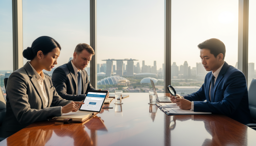 A professional office environment in Singapore, showcasing a diverse group of business individuals gathered around a sleek conference table. The foreground features a confident woman in business attire, pointing at a digital tablet displaying the business name reservation process. In the middle, a man in a suit is taking notes, while another colleague, dressed smartly, examines documents related to name registration. The background shows a large window with a city view, allowing natural light to illuminate the space, creating a warm and inviting atmosphere. The overall mood is focused and collaborative, emphasizing clarity and professionalism, with a photorealistic design capturing the details of the office setting, from furniture to technology.