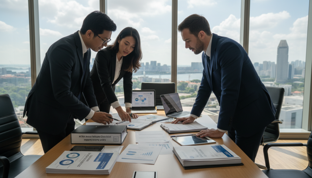 A professional office environment reflecting post-incorporation compliance in Singapore. In the foreground, a diverse group of three business professionals in smart attire—one woman and two men—discussing compliance documents at a sleek conference table. In the middle, scattered paperwork, laptops, and relevant compliance tools like checklists and regulatory guidelines. The background features a modern office skyline visible through large windows, symbolizing the vibrant business landscape of Singapore. Soft, natural lighting streams through the windows, casting gentle shadows, while a sense of focus and diligence permeates the atmosphere. The camera angle is slightly elevated, giving a clear view of the interaction and the environment, emphasizing professionalism and collaboration.