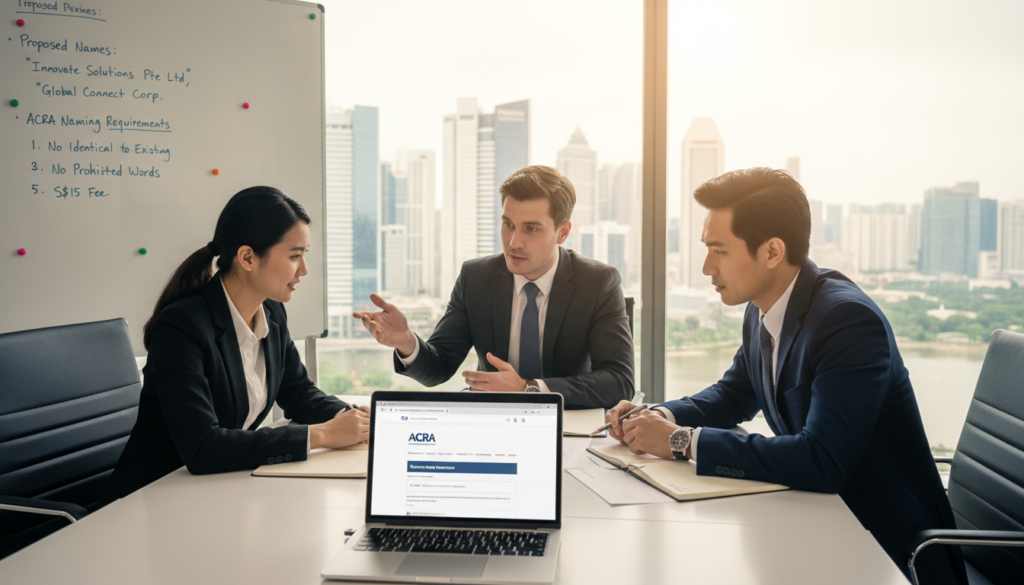A professional office scene featuring a diverse group of three individuals—two men and one woman—dressed in smart business attire, seated around a modern conference table. They are intently discussing the process of reserving a business name with ACRA, with a laptop displaying the ACRA website in the foreground. The atmosphere is focused and collaborative, with warm, natural lighting filtering through large windows in the background, showcasing a cityscape. A display board behind them includes business name suggestions and a checklist of naming requirements. The lens captures a dynamic angle, emphasizing the teamwork and determination in their expressions, evoking a sense of professionalism and ambition.