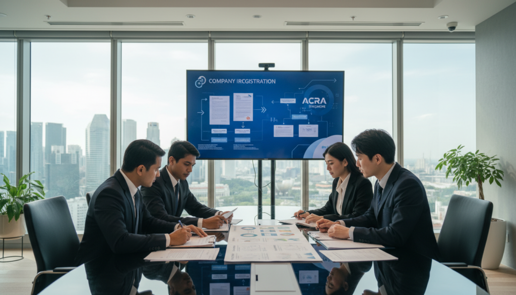 A professional office setting focused on the company incorporation process in Singapore. In the foreground, a diverse group of three business people in professional attire are gathered around a sleek conference table, examining incorporation documents, one person pointing to a chart illustrating the steps of the registration process with ACRA. The middle ground features a large digital screen displaying graphics of documents and flowcharts related to registration. In the background, large windows reveal the Singapore skyline, casting soft natural light into the space. The mood is energetic yet focused, with an atmosphere of collaboration and professionalism, captured using a wide-angle lens for depth. The image should be photorealistic, highlighting details like the texture of the documents and the expressions of the people involved, while maintaining a clean and organized environment.