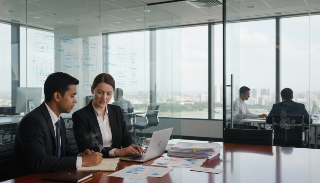 A professional office setting illustrating a limited liability partnership (LLP) scene. In the foreground, two diverse business professionals in smart business attire, a South Asian man and a Caucasian woman, discuss over a laptop on a polished conference table. They appear engaged and collaborative, with documents and a coffee cup nearby. In the middle, a modern office space featuring glass walls and a whiteboard filled with business diagrams and charts. The background showcases a cityscape through large windows, hinting at Singapore’s skyline under bright daylight. The overall atmosphere exudes professionalism and dynamism, with soft natural lighting that enhances the scene’s clarity and realism, creating a sense of modern enterprise and innovation. A professional office setting illustrating a limited liability partnership (LLP) scene. In the foreground, two diverse business professionals in smart business attire, a South Asian man and a Caucasian woman, discuss over a laptop on a polished conference table. They appear engaged and collaborative, with documents and a coffee cup nearby. In the middle, a modern office space featuring glass walls and a whiteboard filled with business diagrams and charts. The background showcases a cityscape through large windows, hinting at Singapore’s skyline under bright daylight. The overall atmosphere exudes professionalism and dynamism, with soft natural lighting that enhances the scene’s clarity and realism, creating a sense of modern enterprise and innovation.