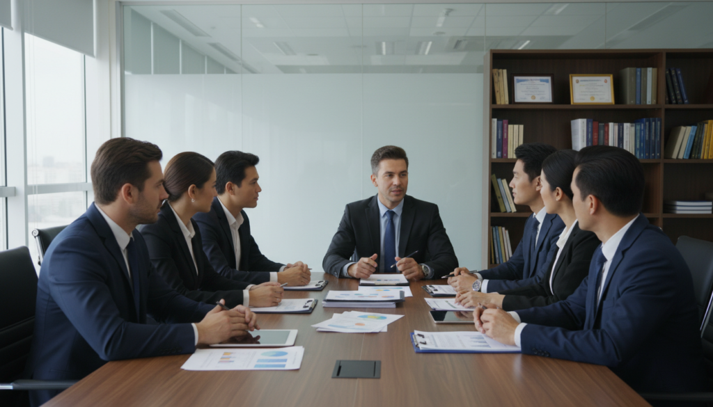 A professional office setting showcasing the concept of compliance in corporate governance. In the foreground, a diverse group of business professionals in smart business attire are engaged in active discussions over a conference table filled with legal documents, compliance checklists, and digital devices. The middle ground features large windows allowing natural light to flood the room, casting soft shadows that enhance the sense of transparency and trust. In the background, elements like a well-organized bookshelf filled with law books and certificates symbolizing regulatory adherence can be seen. The overall atmosphere is focused and collaborative, with a warm color palette that promotes a sense of professionalism and diligence. The image is photorealistic, shot from a slightly elevated angle to capture the dynamics of the meeting effectively. A professional office setting showcasing the concept of compliance in corporate governance. In the foreground, a diverse group of business professionals in smart business attire are engaged in active discussions over a conference table filled with legal documents, compliance checklists, and digital devices. The middle ground features large windows allowing natural light to flood the room, casting soft shadows that enhance the sense of transparency and trust. In the background, elements like a well-organized bookshelf filled with law books and certificates symbolizing regulatory adherence can be seen. The overall atmosphere is focused and collaborative, with a warm color palette that promotes a sense of professionalism and diligence. The image is photorealistic, shot from a slightly elevated angle to capture the dynamics of the meeting effectively.
