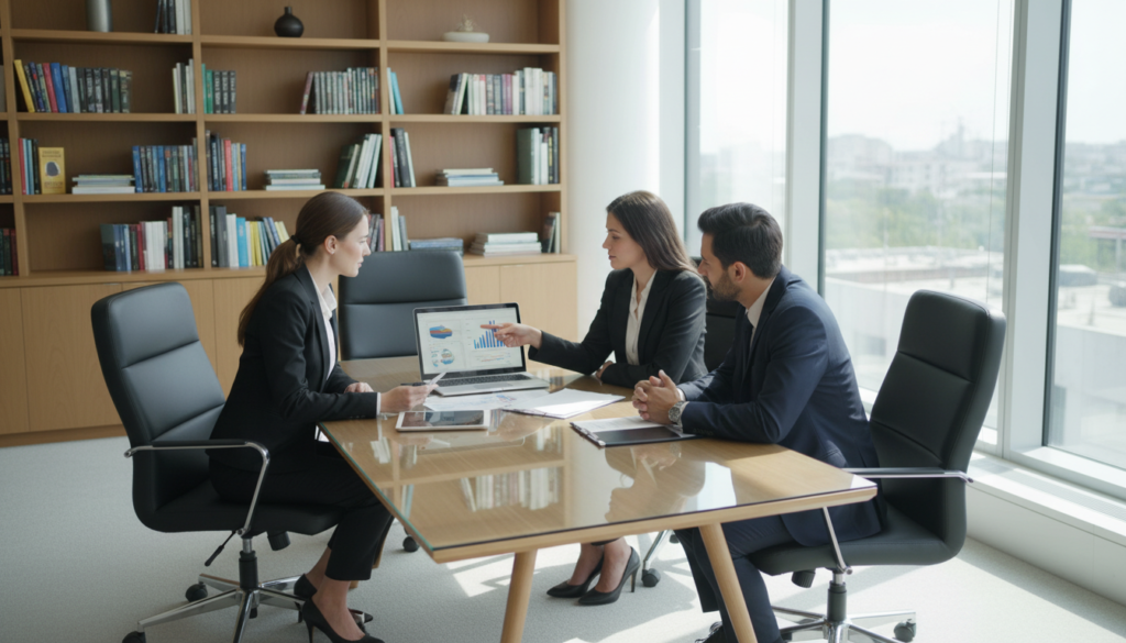 A professional office setting with a contemporary design, featuring a sleek conference table made of glass and polished wood. In the foreground, a diverse group of three business professionals—two women and one man—engaged in a discussion, all dressed in smart business attire. One woman is gesturing toward a laptop displaying financial graphs, while the man leans in, actively listening. The middle ground shows a large window with natural light pouring in, casting soft shadows across the room. In the background, a well-organized bookshelf filled with business books adds depth. The atmosphere is collaborative and focused, conveying a sense of trust and professionalism. The lighting is bright, creating an inviting and dynamic space. Photorealistic quality, shot from a slightly elevated angle to capture the interaction clearly. A professional office setting with a contemporary design, featuring a sleek conference table made of glass and polished wood. In the foreground, a diverse group of three business professionals—two women and one man—engaged in a discussion, all dressed in smart business attire. One woman is gesturing toward a laptop displaying financial graphs, while the man leans in, actively listening. The middle ground shows a large window with natural light pouring in, casting soft shadows across the room. In the background, a well-organized bookshelf filled with business books adds depth. The atmosphere is collaborative and focused, conveying a sense of trust and professionalism. The lighting is bright, creating an inviting and dynamic space. Photorealistic quality, shot from a slightly elevated angle to capture the interaction clearly.
