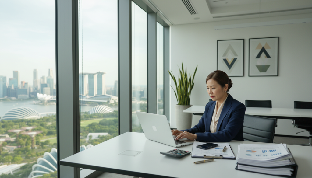 A professional regional financial controller sitting at a sleek modern desk in a Singapore high-rise office. The controller is a middle-aged woman in a tailored navy suit, focused on a laptop displaying financial reports. In the foreground, a large window reveals a panoramic view of the Singapore skyline, bathed in soft afternoon light with a hint of greenery visible below. The middle area features neatly organized financial documents, a smartphone, and a calculator, emphasizing her meticulous nature. The background displays minimalist office decor, including a potted plant and artful abstract prints, creating a serene yet productive atmosphere. Use a shallow depth of field to draw attention to the controller, while the rest remains softly blurred, enhancing the professional tone. The image should evoke a sense of competence, focus, and quiet authority in a modern business environment. A professional regional financial controller sitting at a sleek modern desk in a Singapore high-rise office. The controller is a middle-aged woman in a tailored navy suit, focused on a laptop displaying financial reports. In the foreground, a large window reveals a panoramic view of the Singapore skyline, bathed in soft afternoon light with a hint of greenery visible below. The middle area features neatly organized financial documents, a smartphone, and a calculator, emphasizing her meticulous nature. The background displays minimalist office decor, including a potted plant and artful abstract prints, creating a serene yet productive atmosphere. Use a shallow depth of field to draw attention to the controller, while the rest remains softly blurred, enhancing the professional tone. The image should evoke a sense of competence, focus, and quiet authority in a modern business environment.