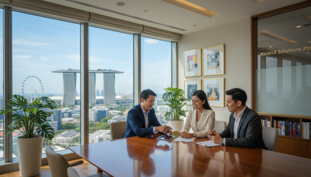 A sleek, modern office environment symbolizes a private limited company in Singapore. In the foreground, a diverse group of three business professionals—two men and one woman—are engaged in a discussion around a polished wooden conference table. Each is dressed in professional business attire, reflecting a collaborative mindset. In the middle ground, large windows reveal a stunning view of Singapore's skyline, showcasing iconic buildings like the Marina Bay Sands. The background features contemporary office decor, including plants and framed artwork, enhancing a professional atmosphere. Bright, natural lighting brightens the scene, while a warm color palette creates an inviting mood, suggesting opportunity and growth in the world of business. The image captures the essence of choosing the right business structure in a dynamic business environment.