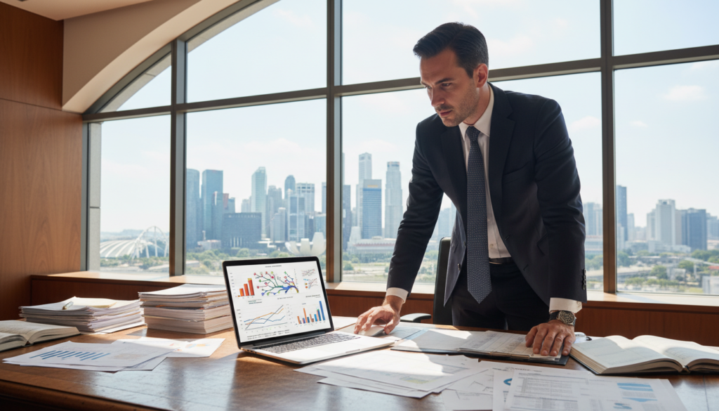 A sophisticated office environment focused on accounting and financial reporting, featuring a wooden desk cluttered with financial documents, spreadsheets, and a laptop. In the foreground, a professional individual in business attire analyzes data, gesturing towards an open laptop displaying graphs and charts. In the middle background, a large window lets in natural light, illuminating the office space while showcasing a cityscape of Singapore. The atmosphere is productive and serious, emphasizing the importance of remote financial services. Soft shadows fall across the desk, and the image should be captured from a slightly elevated angle to give a comprehensive view of the workspace, ensuring photorealistic detail in textures and colors. A sophisticated office environment focused on accounting and financial reporting, featuring a wooden desk cluttered with financial documents, spreadsheets, and a laptop. In the foreground, a professional individual in business attire analyzes data, gesturing towards an open laptop displaying graphs and charts. In the middle background, a large window lets in natural light, illuminating the office space while showcasing a cityscape of Singapore. The atmosphere is productive and serious, emphasizing the importance of remote financial services. Soft shadows fall across the desk, and the image should be captured from a slightly elevated angle to give a comprehensive view of the workspace, ensuring photorealistic detail in textures and colors.