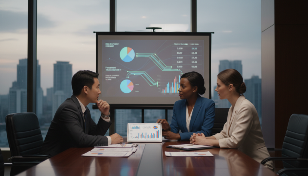 A sophisticated office environment focused on payment workflows, featuring a large, polished conference table with professional business documents spread out. In the foreground, a diverse group of three business professionals—one Asian man, one Black woman, and one Caucasian woman—are discussing financial reports while pointing at a digital tablet displaying graphs and charts. The middle ground shows a digital screen projector illustrating dynamic payment flow diagrams and statistics. The background reveals sleek office decor, large windows with a city skyline view, and soft, natural lighting creating a warm atmosphere of confidence and trust. The image should be photorealistic, capturing every detail of the scene with a focus on professionalism and collaboration. A sophisticated office environment focused on payment workflows, featuring a large, polished conference table with professional business documents spread out. In the foreground, a diverse group of three business professionals—one Asian man, one Black woman, and one Caucasian woman—are discussing financial reports while pointing at a digital tablet displaying graphs and charts. The middle ground shows a digital screen projector illustrating dynamic payment flow diagrams and statistics. The background reveals sleek office decor, large windows with a city skyline view, and soft, natural lighting creating a warm atmosphere of confidence and trust. The image should be photorealistic, capturing every detail of the scene with a focus on professionalism and collaboration.