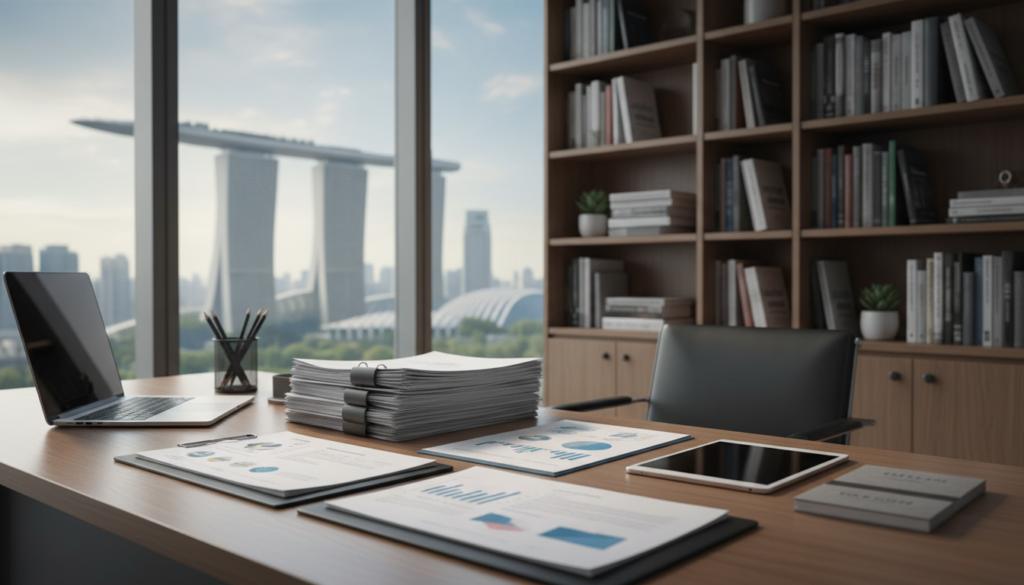 A stylish, modern office workspace filled with organized company documentation. In the foreground, a sleek wooden desk displays a neatly arranged stack of business documents, including contracts, registration papers, and financial statements. A professional laptop emits a warm glow, surrounded by a stylish pen holder and a digital tablet. In the middle ground, a bookshelf filled with business books and foreign market studies adds depth. The background features a large window with a view of Singapore’s skyline, showcasing iconic buildings under soft, natural daylight. The atmosphere is focused and professional, evoking a sense of diligence and entrepreneurship. The image is photorealistic, emphasizing clarity and detail, while ensemble elements create an inviting yet serious mood. A stylish, modern office workspace filled with organized company documentation. In the foreground, a sleek wooden desk displays a neatly arranged stack of business documents, including contracts, registration papers, and financial statements. A professional laptop emits a warm glow, surrounded by a stylish pen holder and a digital tablet. In the middle ground, a bookshelf filled with business books and foreign market studies adds depth. The background features a large window with a view of Singapore’s skyline, showcasing iconic buildings under soft, natural daylight. The atmosphere is focused and professional, evoking a sense of diligence and entrepreneurship. The image is photorealistic, emphasizing clarity and detail, while ensemble elements create an inviting yet serious mood.