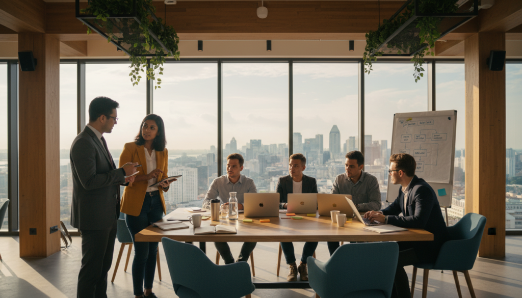 A vibrant and dynamic coworking space in Singapore, filled with diverse entrepreneurs collaborating on business ideas. In the foreground, a South Asian woman in a smart casual outfit is discussing strategies with a Middle-Eastern man in a tailored suit, both focused and engaged. In the middle ground, a group of entrepreneurs of various ethnicities is brainstorming around a large table with laptops, notebooks, and coffee cups scattered about. The background displays a panoramic view of Singapore's skyline through large windows, reflecting the city’s modern architecture. Soft, natural lighting streams in, creating a warm and inviting atmosphere. The image captures a sense of innovation and professionalism in a motivational and inspiring setting. Photorealistic, shot with a 24mm lens at eye level, emphasizing collaboration and multiculturalism.