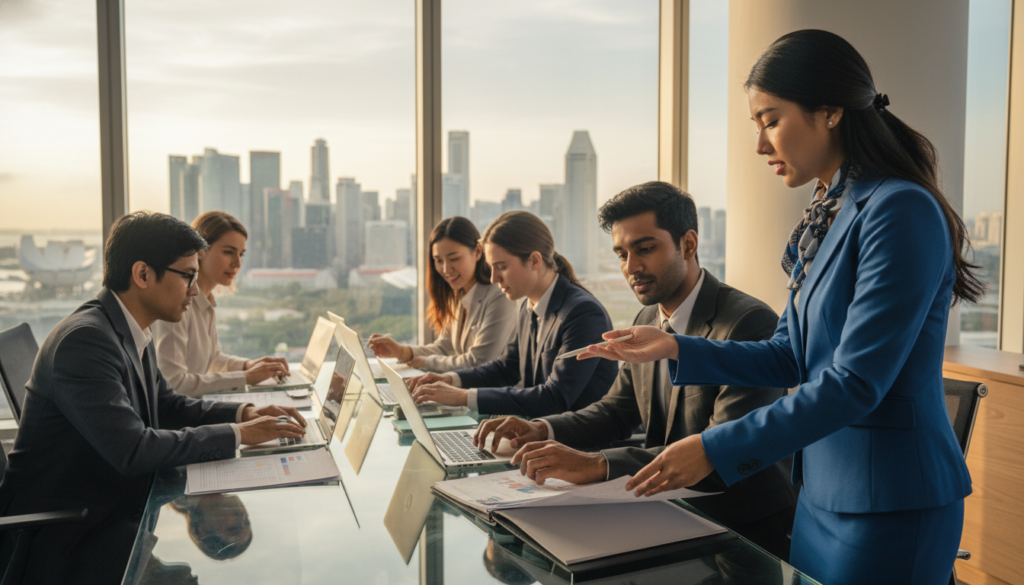 A vibrant, photorealistic image depicting a diverse group of professional individuals engaged in collaboration within a modern office environment. In the foreground, a woman with Southeast Asian descent in a formal business suit is discussing strategies with a man of Indian descent, reviewing documents on a sleek glass table. In the middle ground, a multicultural team is working together on laptops, illustrating a dynamic exchange of ideas. The background features floor-to-ceiling windows revealing a panoramic view of Singapore's skyline with iconic skyscrapers, bathed in warm afternoon light. The atmosphere conveys a sense of professionalism, innovation, and inclusivity, symbolizing Singapore's role as an international business hub. The angle is slightly elevated, capturing the bustling activity while emphasizing the modern workspace. A vibrant, photorealistic image depicting a diverse group of professional individuals engaged in collaboration within a modern office environment. In the foreground, a woman with Southeast Asian descent in a formal business suit is discussing strategies with a man of Indian descent, reviewing documents on a sleek glass table. In the middle ground, a multicultural team is working together on laptops, illustrating a dynamic exchange of ideas. The background features floor-to-ceiling windows revealing a panoramic view of Singapore's skyline with iconic skyscrapers, bathed in warm afternoon light. The atmosphere conveys a sense of professionalism, innovation, and inclusivity, symbolizing Singapore's role as an international business hub. The angle is slightly elevated, capturing the bustling activity while emphasizing the modern workspace.