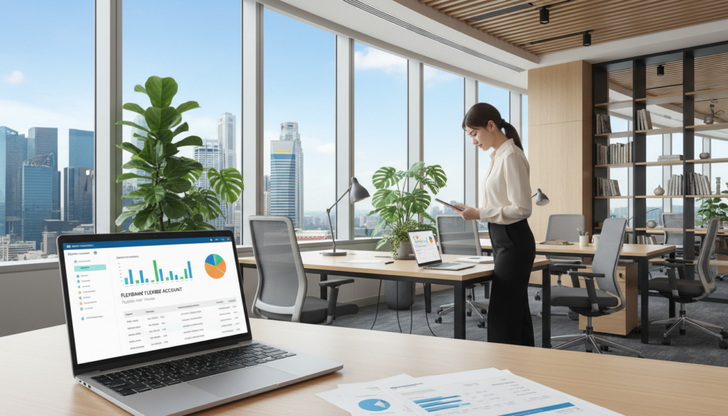 A vividly detailed depiction of a Maybank FlexiBiz bank account scene, set in a modern Singaporean office environment. In the foreground, a sleek, open laptop displays a user-friendly banking interface with vibrant charts and transaction summaries. The middle ground features a professional businesswoman in smart attire, thoughtfully analyzing financial documents, surrounded by potted plants and a striking city skyline visible through large windows. The background encapsulates a contemporary office with polished wooden furniture and ambient lighting, creating a warm yet focused atmosphere. The lighting is bright, highlighting the workspace, and the angle is slightly from above, giving a comprehensive view of the productive setting. The overall mood should convey optimism and ease for new business owners seeking banking solutions.