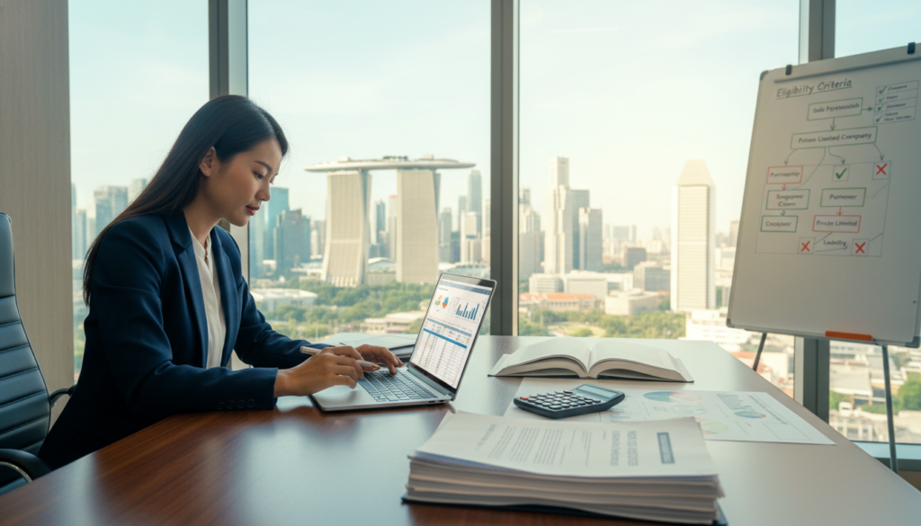 A well-organized office setting showcasing essential pre-incorporation elements for a business in Singapore. In the foreground, a polished wooden desk with a laptop displaying a financial plan, legal documents, and a calculator. Beside it, a professional businesswoman in formal attire is reviewing contracts. In the middle, an open book titled "Business Structures" rests on a clutter-free table accompanied by charts and diagrams illustrating eligibility criteria. The background features a large window with cityscape views of Singapore, allowing natural light to flood the room, creating a bright and optimistic atmosphere. The color palette consists of soft blues, greens, and warm tones, conveying professionalism and clarity. The lens captures the scene at a slight angle to highlight the depth of the workspace. A well-organized office setting showcasing essential pre-incorporation elements for a business in Singapore. In the foreground, a polished wooden desk with a laptop displaying a financial plan, legal documents, and a calculator. Beside it, a professional businesswoman in formal attire is reviewing contracts. In the middle, an open book titled "Business Structures" rests on a clutter-free table accompanied by charts and diagrams illustrating eligibility criteria. The background features a large window with cityscape views of Singapore, allowing natural light to flood the room, creating a bright and optimistic atmosphere. The color palette consists of soft blues, greens, and warm tones, conveying professionalism and clarity. The lens captures the scene at a slight angle to highlight the depth of the workspace.