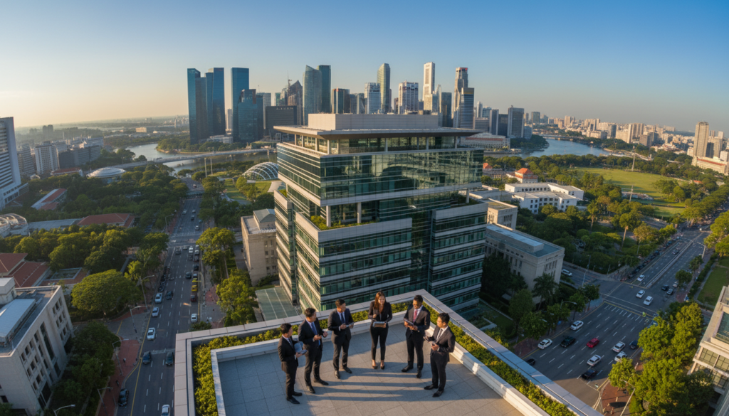 Aerial view of the Monetary Authority of Singapore building, showcasing its modern architecture with sleek lines and glass facades, surrounded by a bustling urban landscape. In the foreground, a diverse group of professionals in formal business attire engages in discussion, symbolizing collaboration and regulation in financial compliance. The mid-ground features Singapore’s iconic skyline under a clear blue sky, while the background includes lush greenery and the riverside, highlighting the city's blend of nature and finance. Soft sunlight bathes the scene, creating a warm, professional atmosphere. Use a wide-angle lens to capture the dynamism of the financial district, conveying the importance of regulatory authorities in shaping business banking compliance.